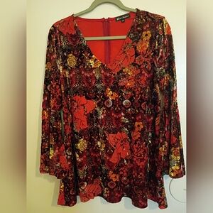 Merchant Women's Floral Burnt Velvet Blouse Red and Orange Sz M